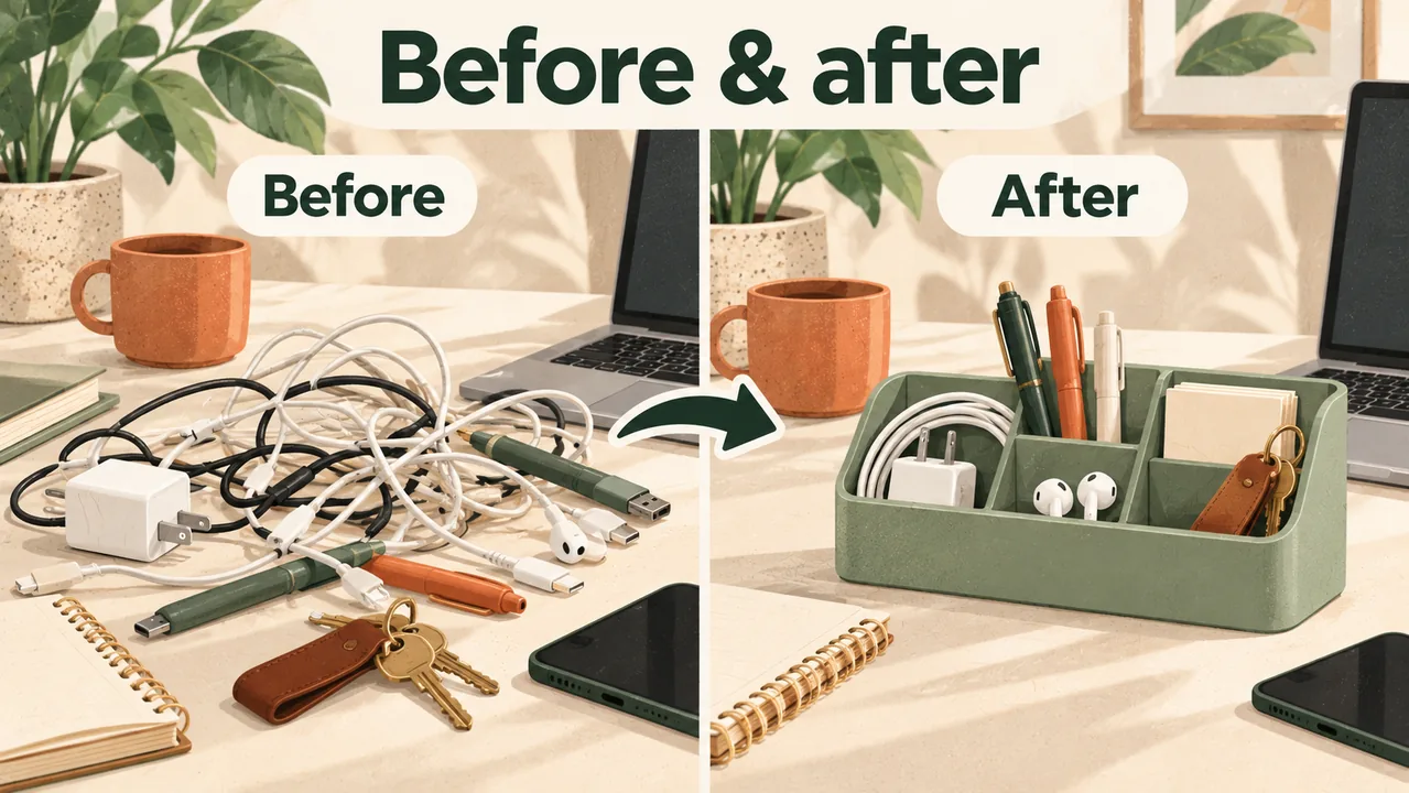 The same desk appears cluttered before and organized after using a product.