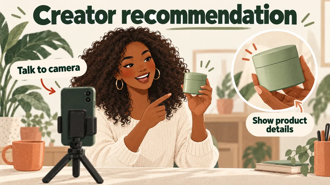 A creator speaks to camera and holds a product, with a detail shot.