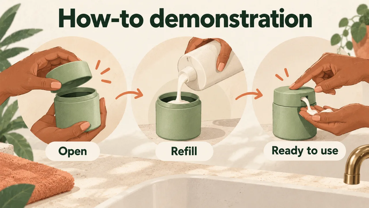 Hands demonstrate opening, refilling and using a product step by step.
