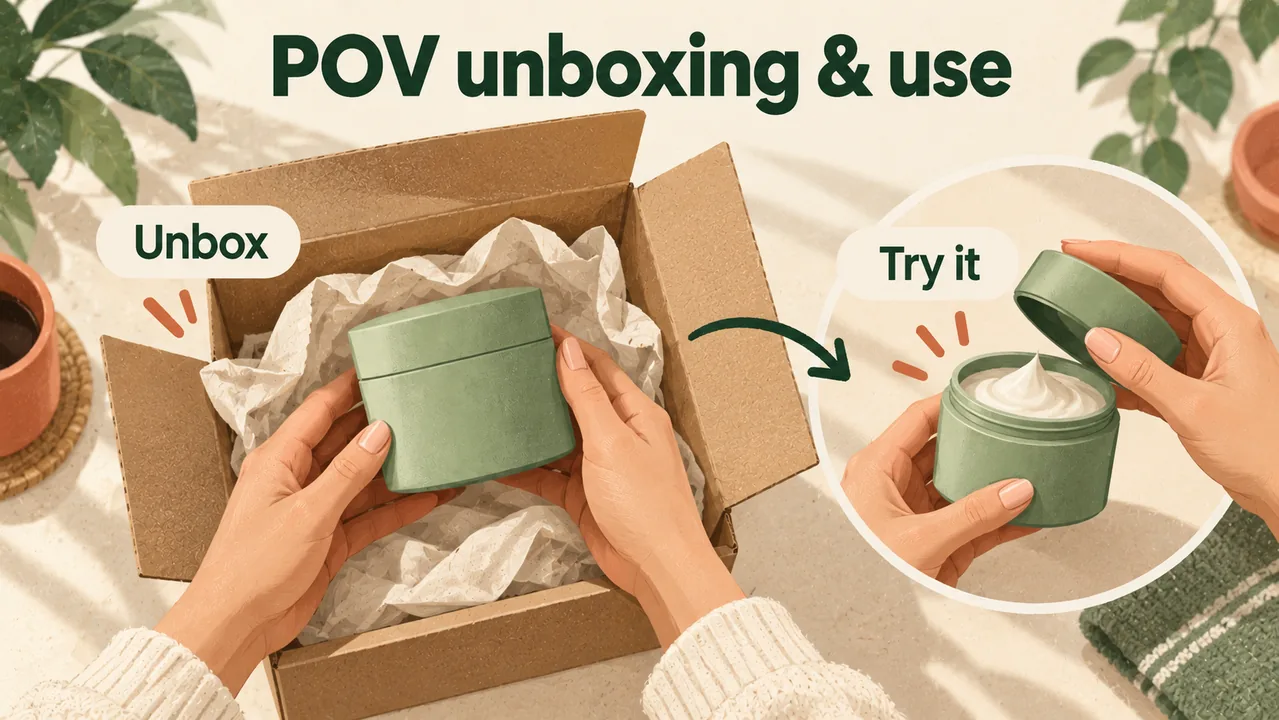 First-person hands open a package and try the product.