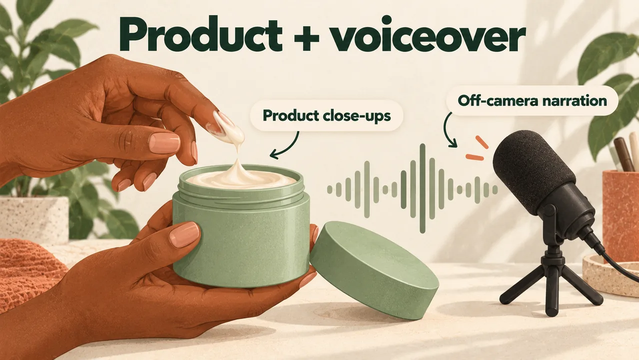 Product close-ups paired with off-camera voice narration.